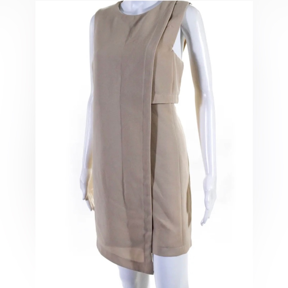 BCBGMAXAZRIA WOMENS TEXTURED BEIGE CREW NECK SLEEVELESS A-LINE DRESS SIZE M - Picture 2 of 3